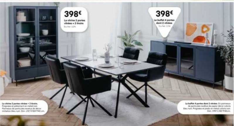 la vitrine 2 portes vitrées + 2 tiroirs, le buffet 4 portes dont 2 vitrées