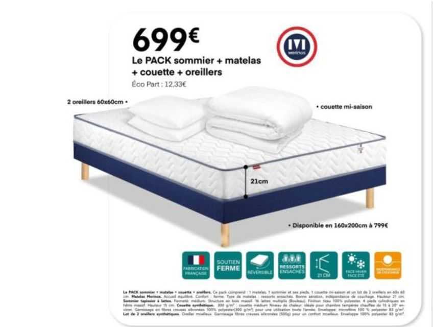 Le Pack Sommier + Matelas + Couette + Oreillers Merinos