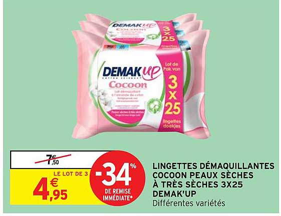 lingettes démaquillantes cocoon peaux sèches à très sèches 3x25 demak'up