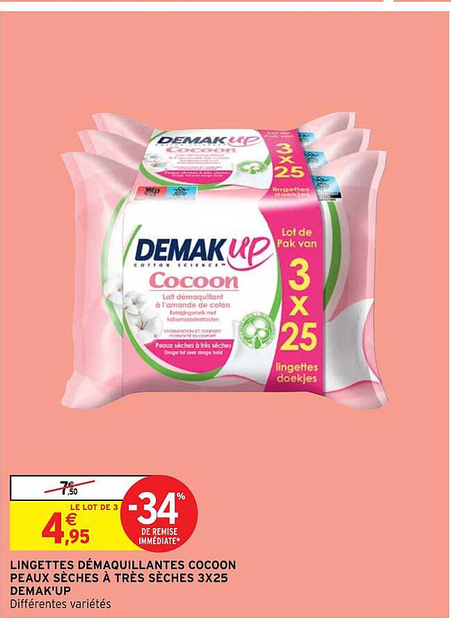 lingettes démaquillantes cocoon peaux sèches à très sèches 3x25 demak'up