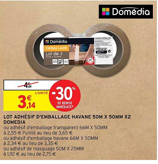 lot adhésif d'emballage havane 50m x 50mm x2 domedia