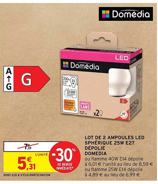 lot de 2 ampoules led spérique 25w e27 dépolie domedia