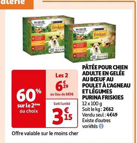 pâtée pour chien adulte en gelée au boeuf au poulet à l'agneau et légumes purina friskies