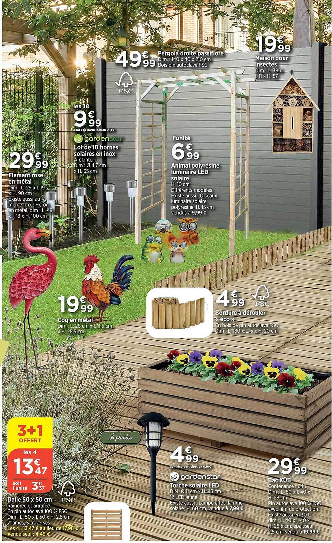 pergola droite passiflore, maison pour insectes, lot de 10 bornes solaires en inox gardenstar, flamant rose en métal, coq en métal, bordure à dérouler, animal polyrésine luminaire led solaire