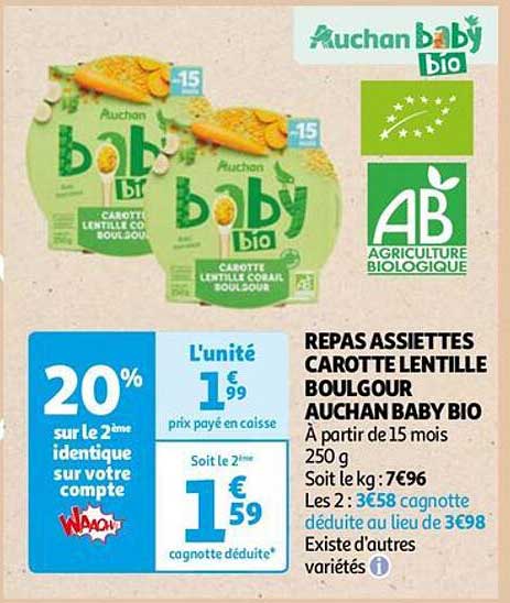 Repas Assiettes Carotte Lentille Boulgour Auchan Baby Bio