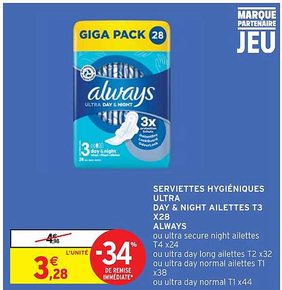 serviettes hygiéniques ultra day & night ailettes t3 x28 always