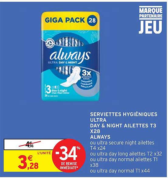 serviettes hygiéniques ultra day & night ailettes t3 x28 always