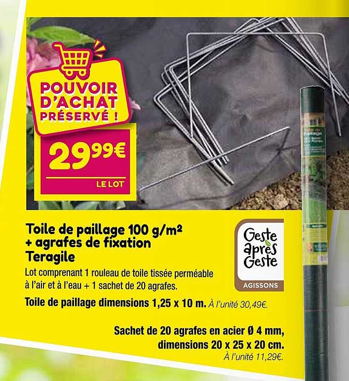 toile de paillage 100 g/m² + agrafes de fixation teragile