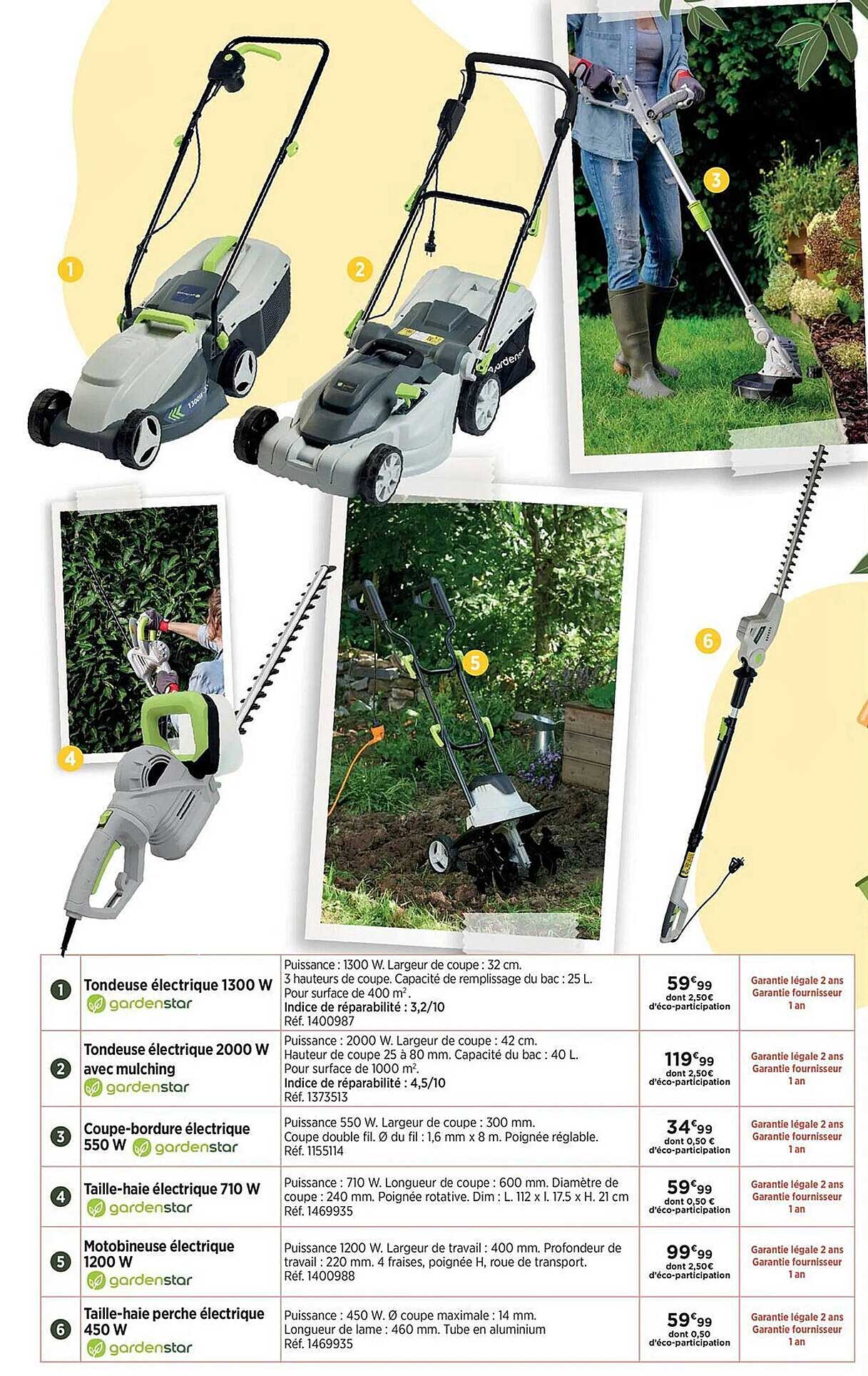 tondeuse électrique 1300 w gardenstar, tondeuse électrique 2000 w avec mulching gardenstar, coupe-bordure électrique 550 w gardenstar, taille-haie électrique 710 w gardenstar, motobineuse électrique