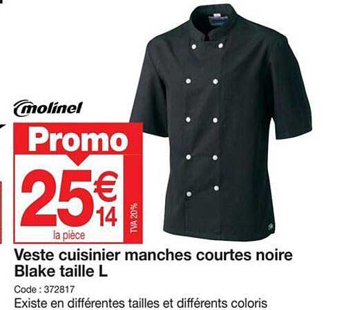 veste cuisiner manches courtes noire blake taille l molinel