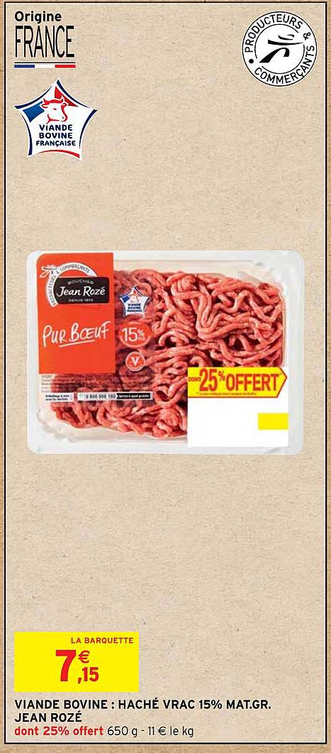 viande bovine : haché vrac 15% mat. gr. jean rozé