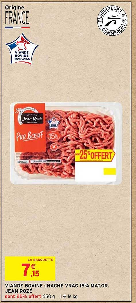 viande bovine: haché vrac 15% mat.gr. jean rozé