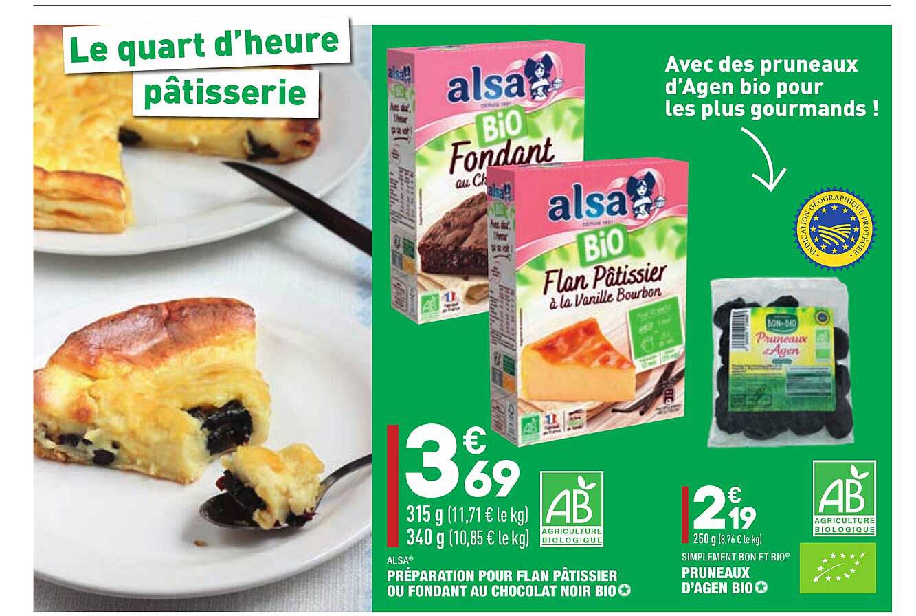 alsa préparation pour flan pâtissier ou fondant au chocolat noir bio simplement bon et bio pruneaux d'agen bio