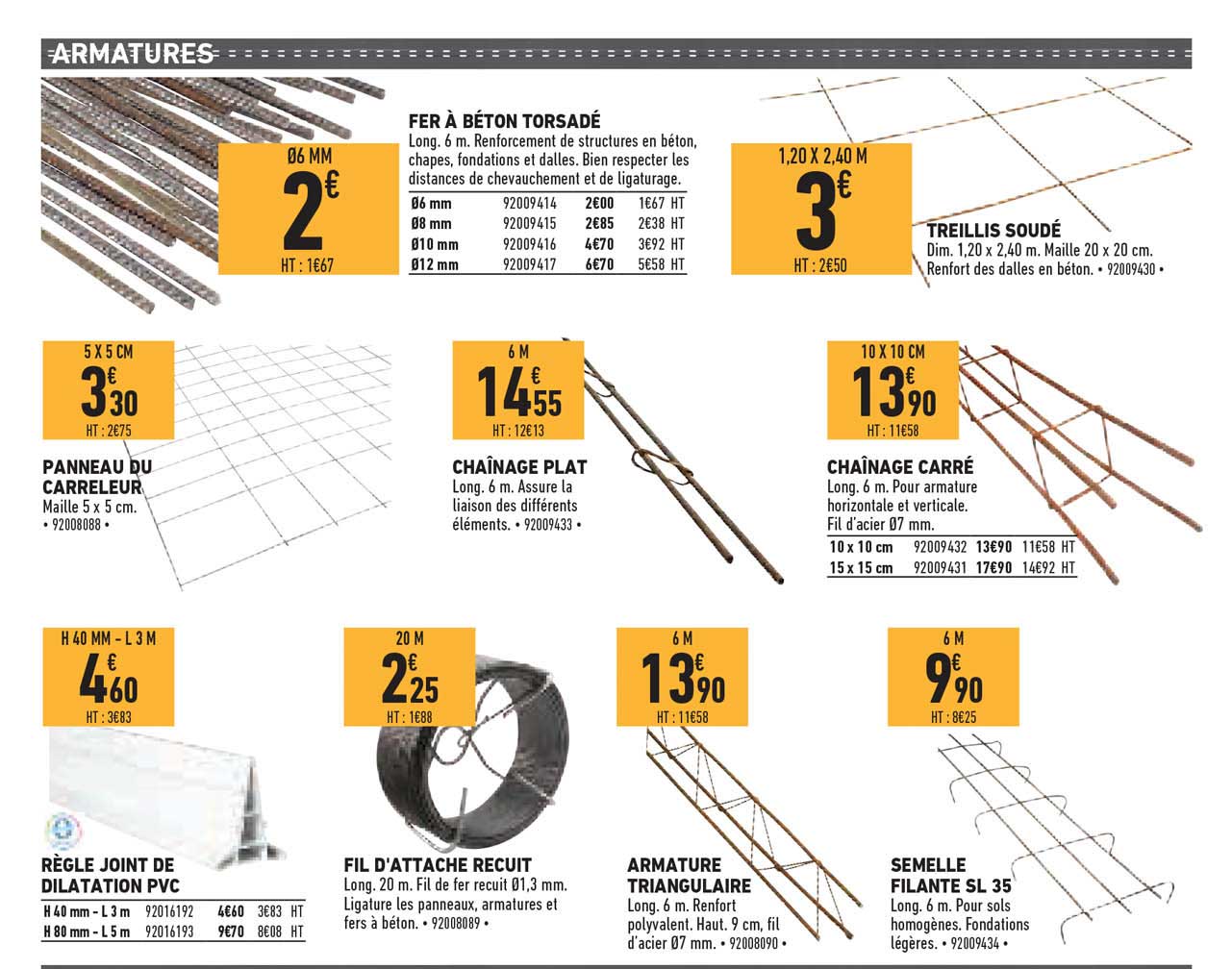 armatures : panneau du carreleur, règle joint de dilatation pvc, fer à béton torsadé, chaînage plat, fil d'attache recuit, armature triangulaire, treillis soudé, chaînage carré, semelle filante sl 35