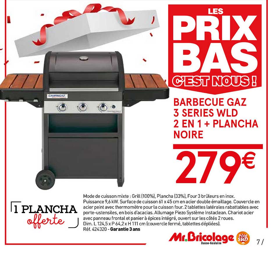 barbecue gaz 3 series wld 2 en 1 + plancha noire