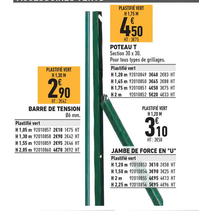 barre de tension, poteau t, jambe de force en "u"