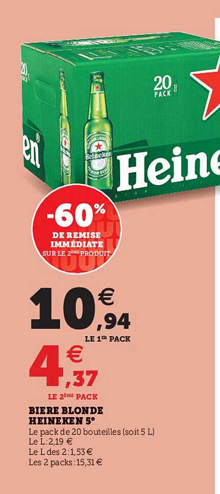 Bière Blonde Heineken 5° -60% De Remise Immédiate Sur Le 2ème Produit