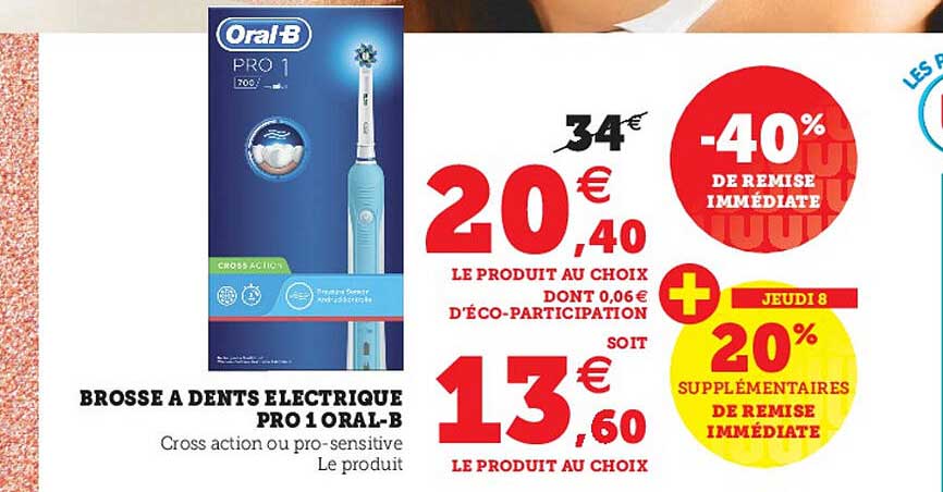 brosse à dents électrique pro 1 oral-b -40% de remise immédiate