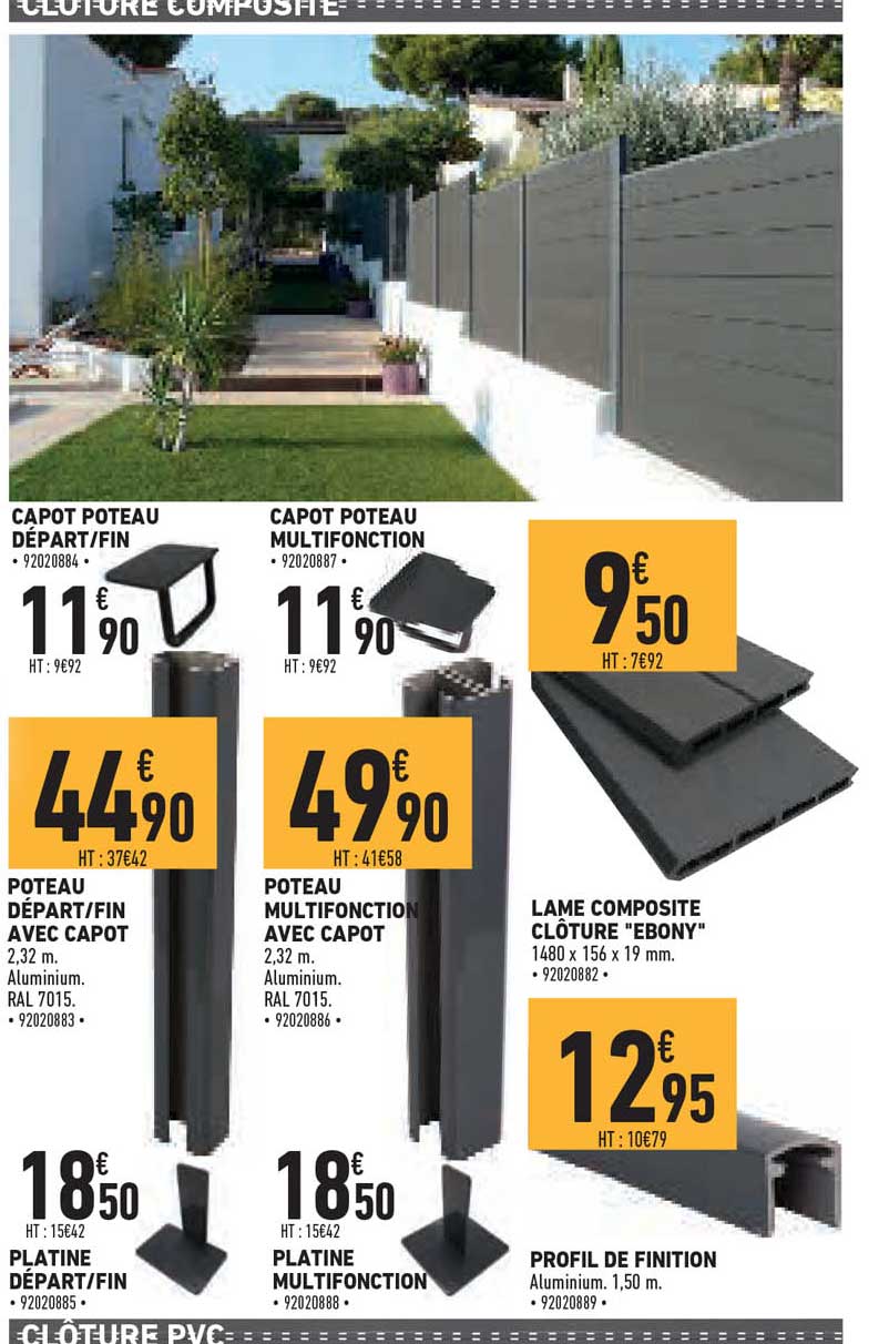 capot poteau départ-fin, capot poteau multifonction, poteau départ-fin avec capot, poteau multifonction avec capot, lame composite clôture "ebony", platine départ-fin, platine multifonction