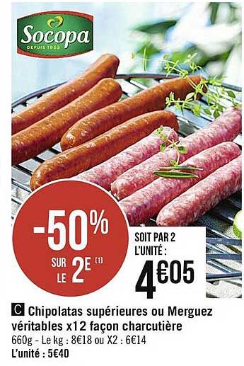 chipolatas supérieures ou merguez véritables x12 façon charcutière socopa