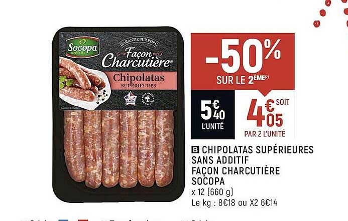 chipolatas supérieures sans additif façon charcutière socopa -50% sur le 2ème