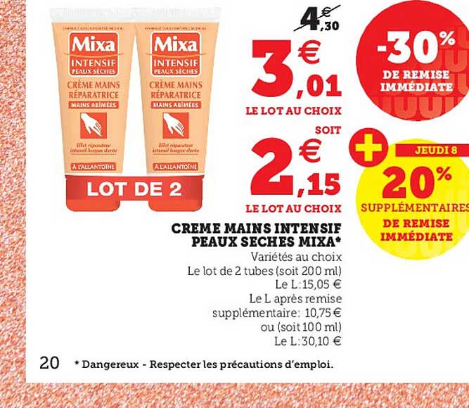 crème mains intensif peaux sèches mixa 30% de remise immédiate
