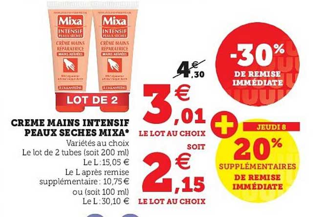 crème mains intensif peaux sèches mixa -30% de remise immédiate