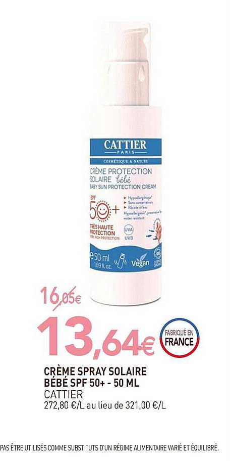 crème spray solaire bébé spf 50+ - 50 ml cattier
