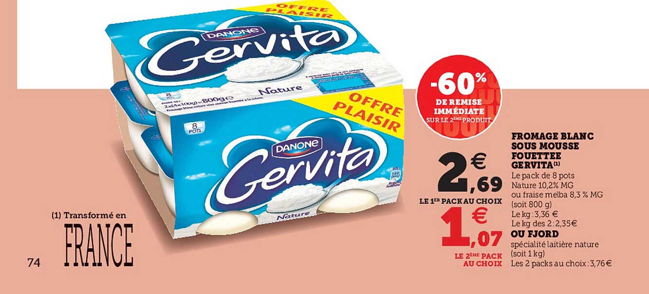 fromage blanc sous mousse fouettée gervita -60% de remise immédiate sur le 2ème produit
