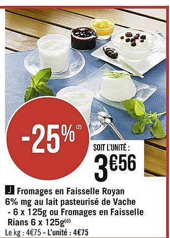 fromages en faisselle royan 6% mg au lait pasteurisé de vache -6 x 125 g ou fromages en faisselle rians 6 x 125g