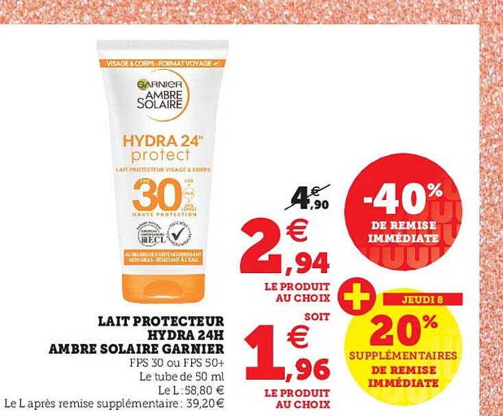 lait protecteur hydra 24h ambre solaire garnier -40% de remise immédiate