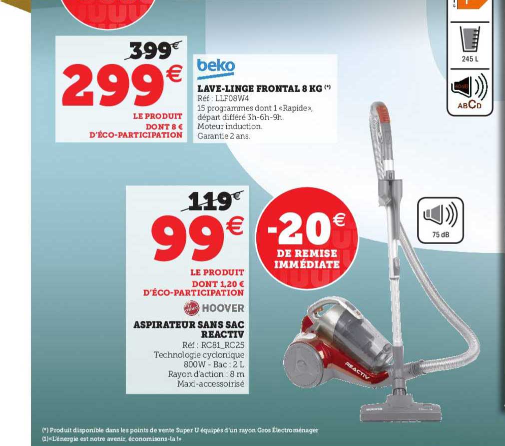 lave-linge frotal 8 kg beko, aspirateur sans sac reactiv