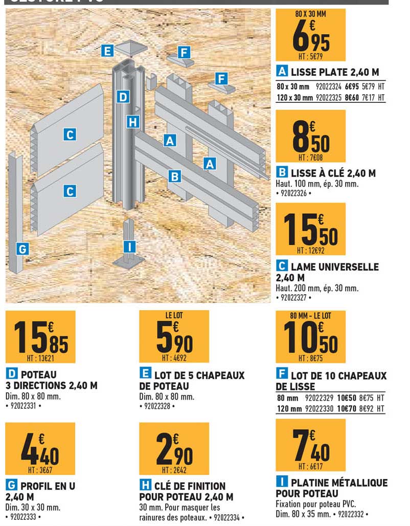 lisse plate 2,40 m, lisse à clé 2,40 m , lame universelle 2,40 m, lot de 10 chapeaux de lisse, platine métallique pour poteau, poteau 3 directions, lot de 5 chapeaux de poteau, profil en u