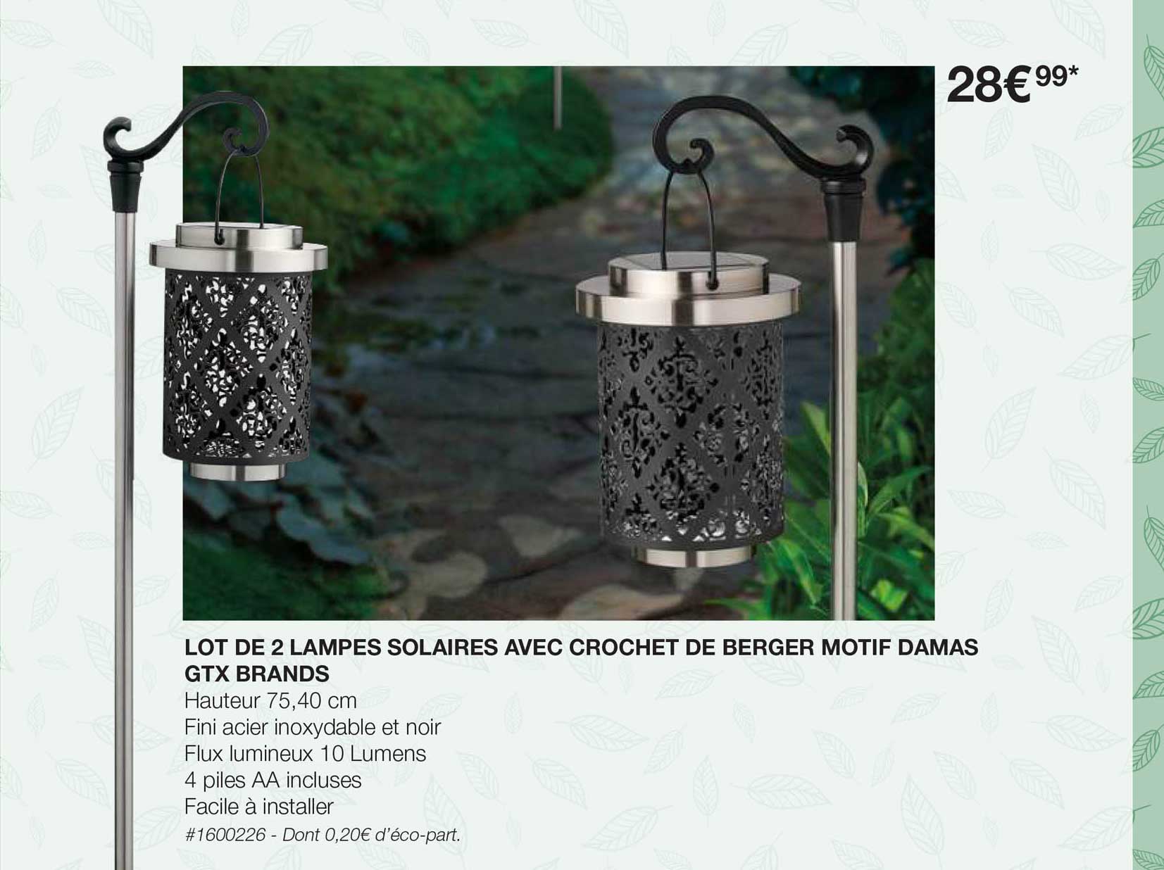 lot de 2 lampes solaires avec crochet de berger motif damas gtx brands