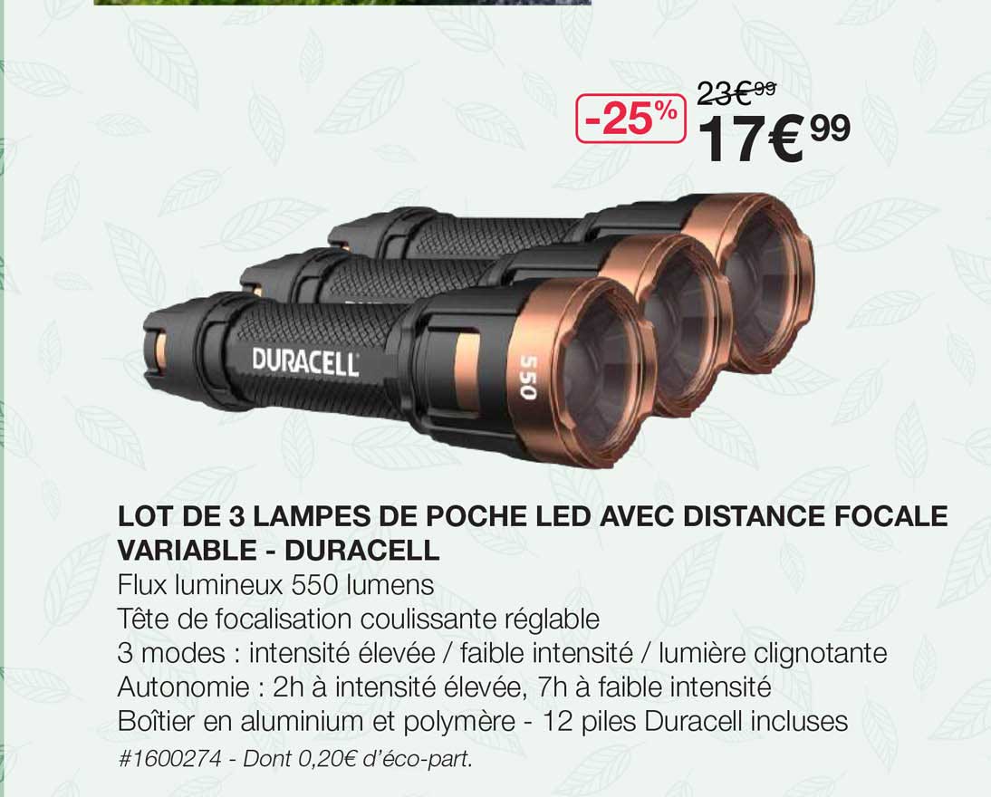 lot de 3 lampes de poche led avec distance focale variable - duracell