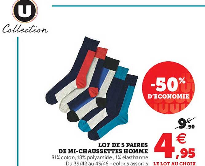 lot de 5 paires de mi-chaussettes homme