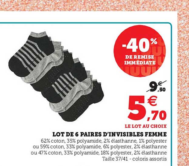 lot de 6 paires d'invisibles femme -40% de remise immédiate