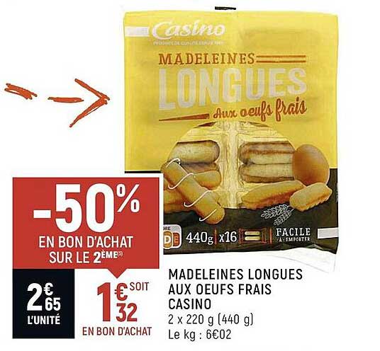 madeleines longues aux œufs frais casino -50% en bon d'achat sur le 2ème