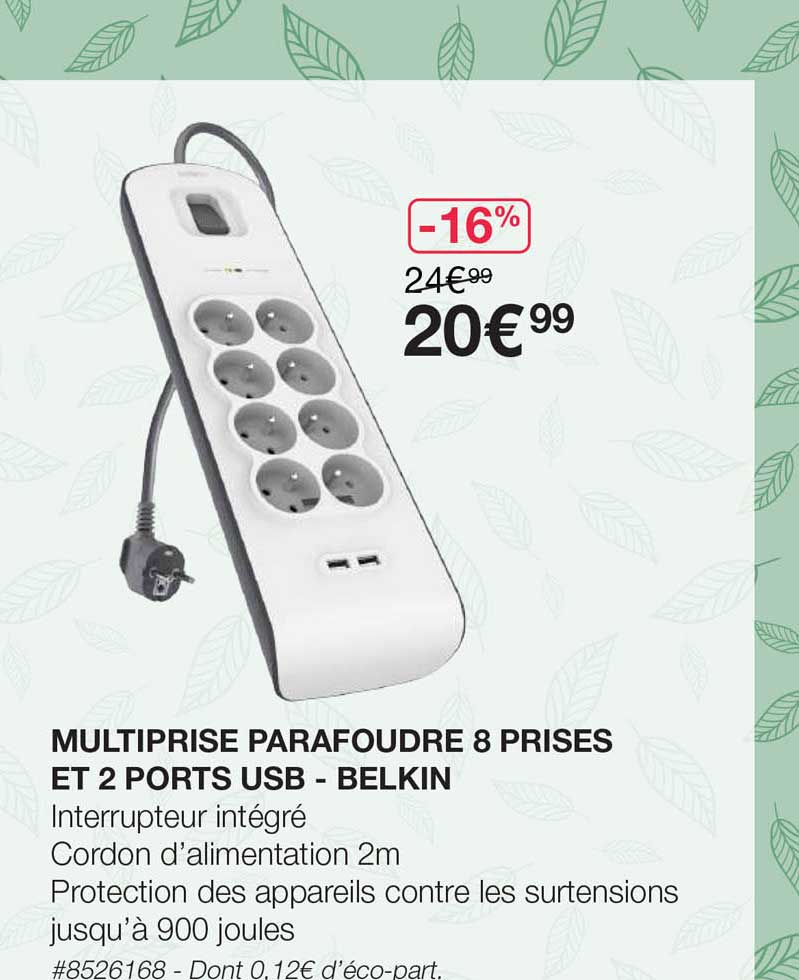 multiprise parafoudre 8 prises et 2 ports usb - belkin