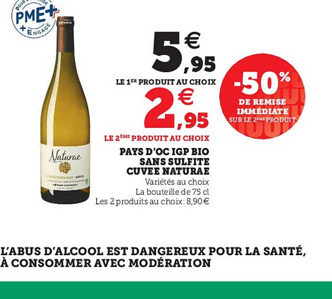 pays d'oc igp bio sans sulfite cuvée naturae -50% de remise immédiate sur le 2ème produit