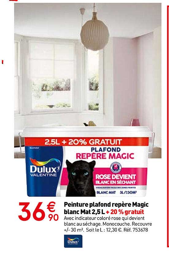 peinture plafond repère magic blanc mat 2.5 l + 20% gratuit dulux valentine
