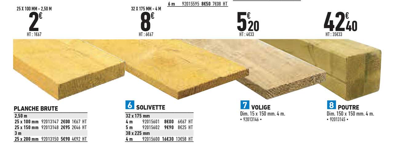 planche brute, solivette, volge, poutre