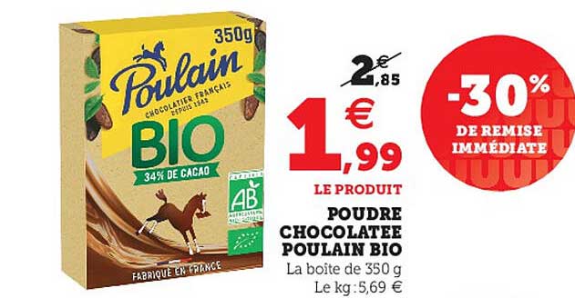 poudre chocolatée poulain bio -30% de remise immédiate