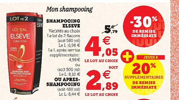 shampooing elsève ou après-shampooing -30% de remise immédiate