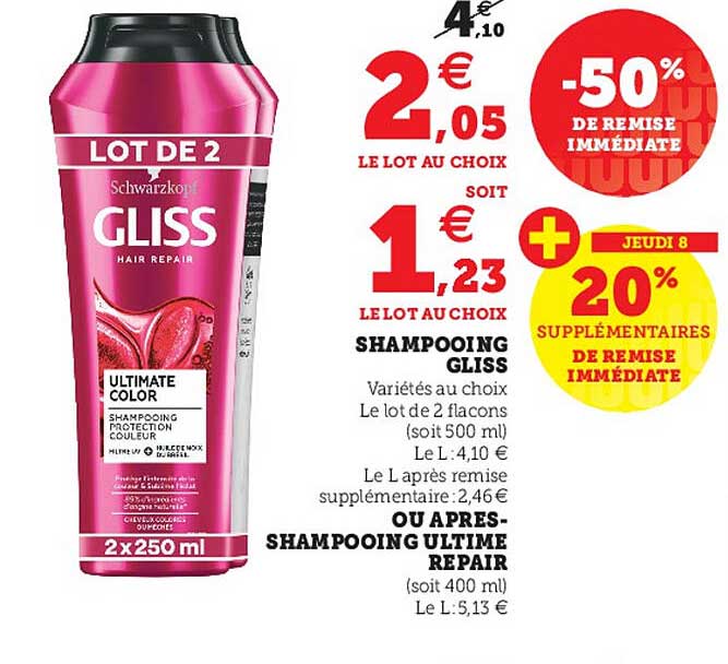 shampooing gliss ou après-shampooing ultime repair -50% de remise immédiate