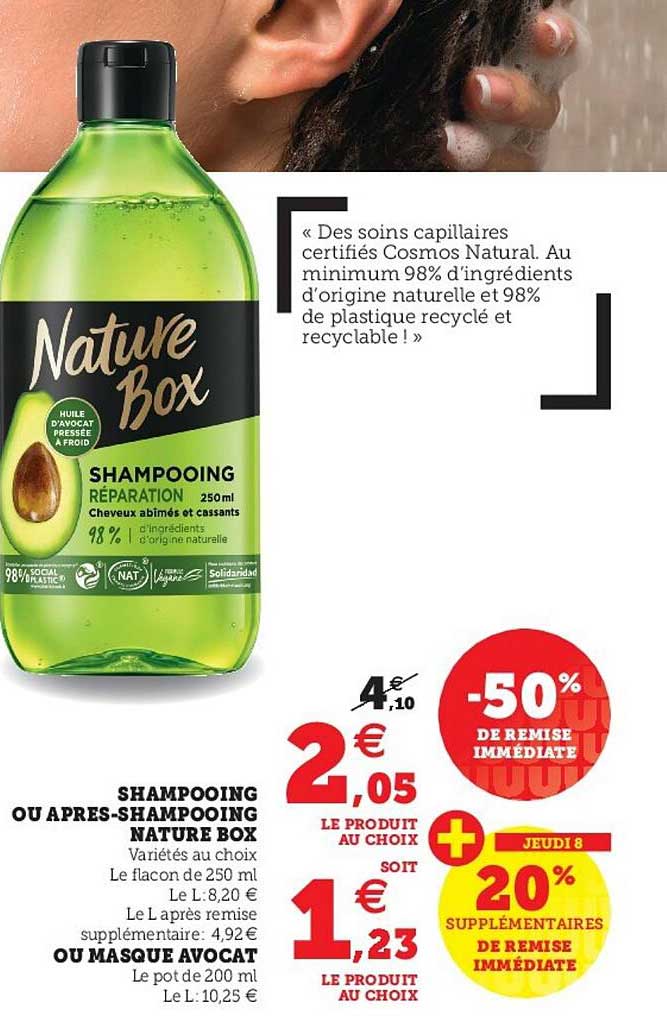 shampooing ou après-shampooing nature box, ou masque avocat