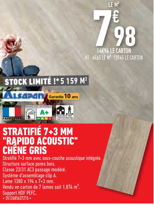 stratifié 7+3 mm "rapido acoustic" chêne gris