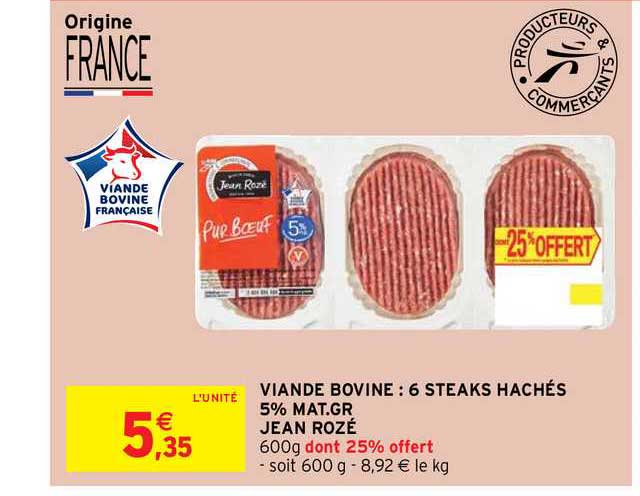 viande bovine : 6 steaks hachés 5% mat.gr jean rozé