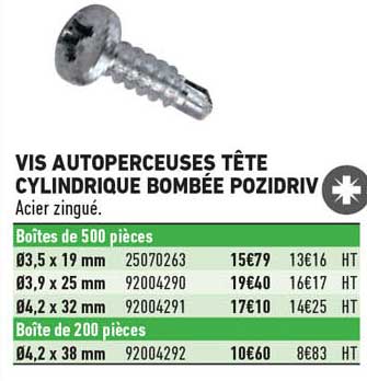 vis autoperceuses tête cylindrique bombée pozidriv