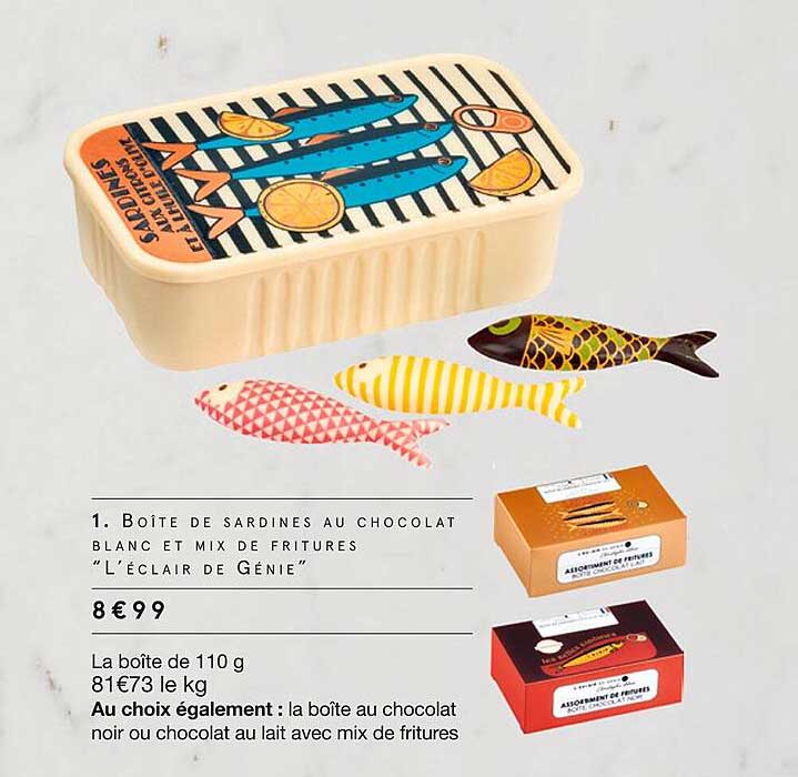 boîte de sardines au chocolat blanc et mix de fritures "l'éclair de génie"